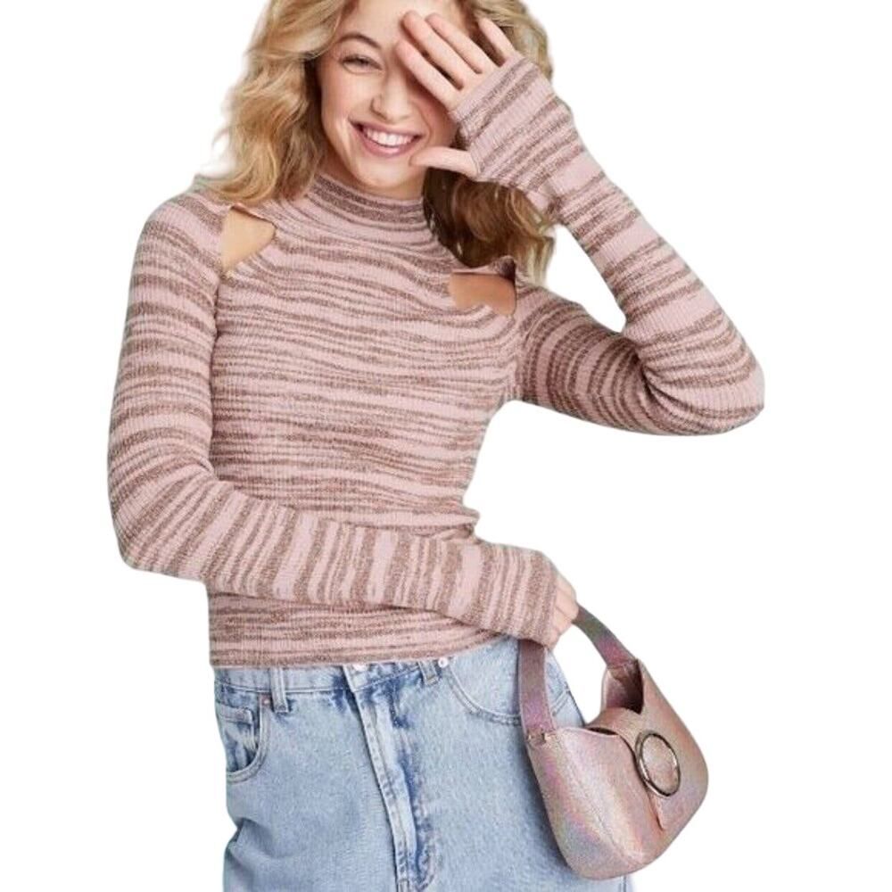 Wild Fable Pink and Brown Striped Mock Neck Cut Out Shoulder Sweater - Medium